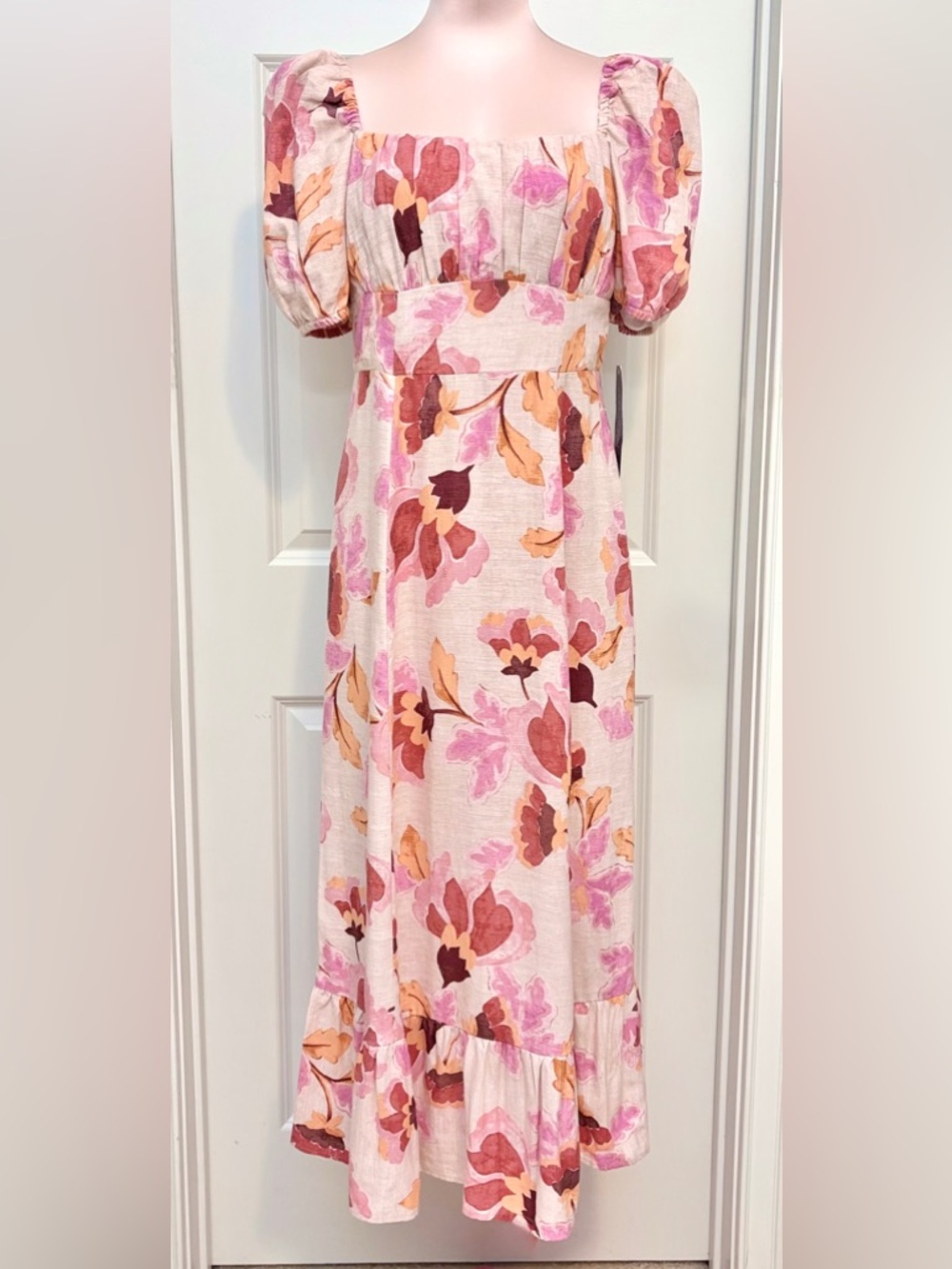 London Times Floral Linen Blend Midi Dress Size 6 Square Neck Puff Sleeve